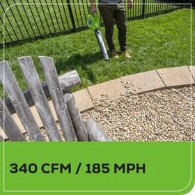 Greenworks turbo boost function activated for tough, wet leaves