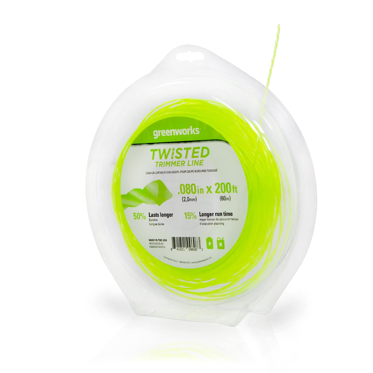 Greenworks universal-fit trimmer line shown with multiple compatible heads.
