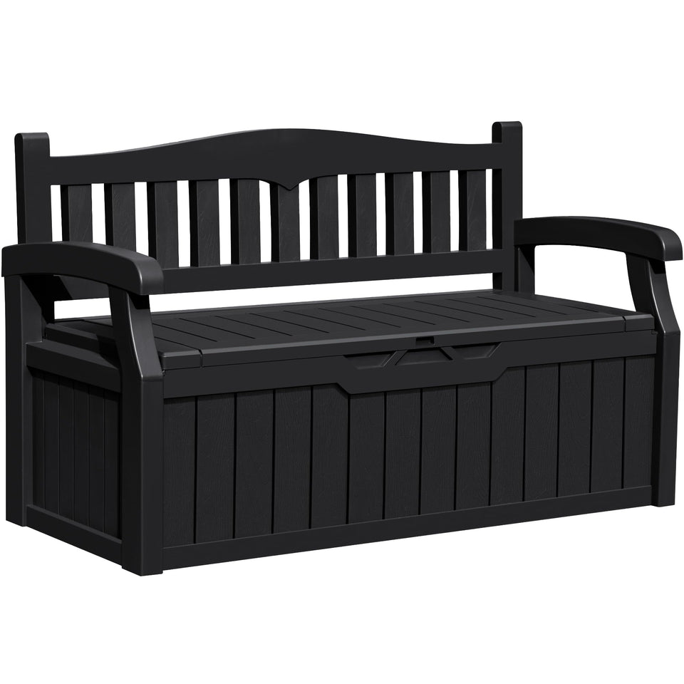 Greesum 80-gallon outdoor storage bench front view showing ample seating and hidden storage.