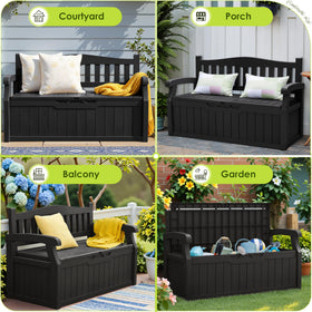 Greesum 80-gallon bench in garden setting shows dual-role seating and storage on patio.