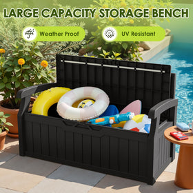 Greesum 80-gallon bench inside-storage demonstrates ample space for cushions and tools.