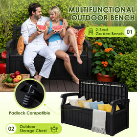 Greesum 80-gallon bench lid-closed highlights weather-resistant exterior and organized interior storage.