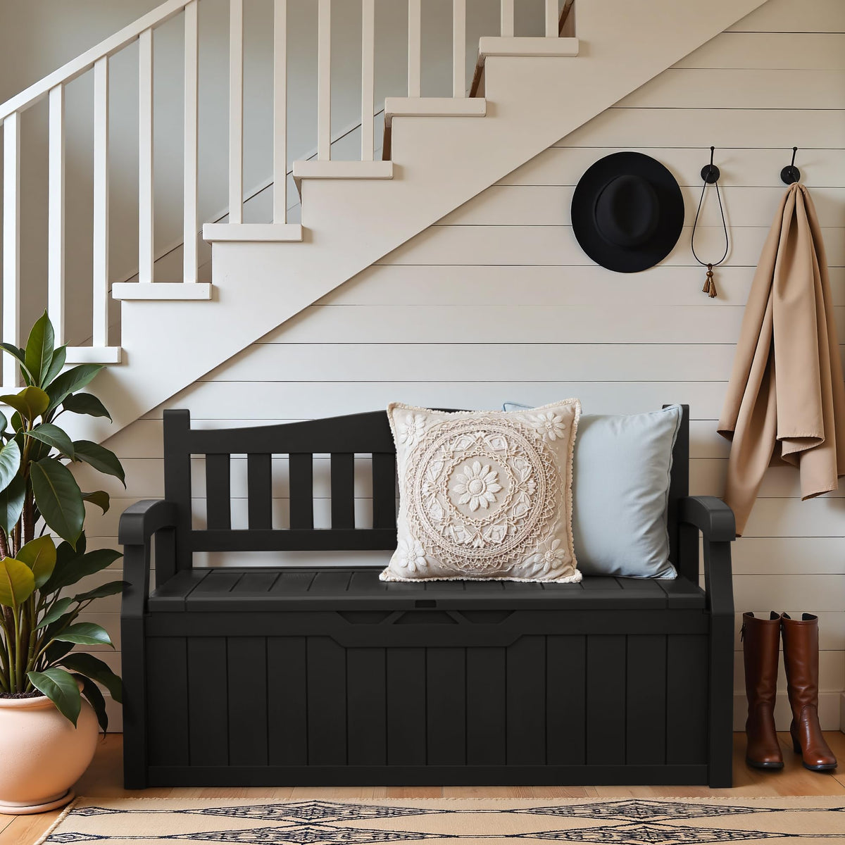 Greesum 80-gallon bench outdoor-material emphasizes durable resin for all-weather use.