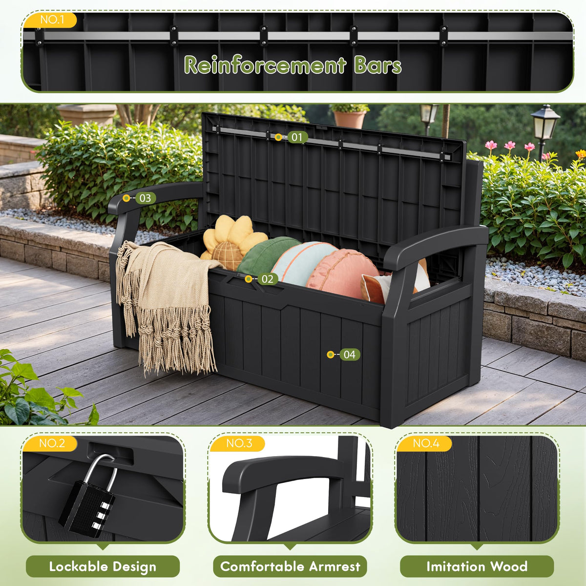 Greesum bench storage compartment open for organizing tools and toys.