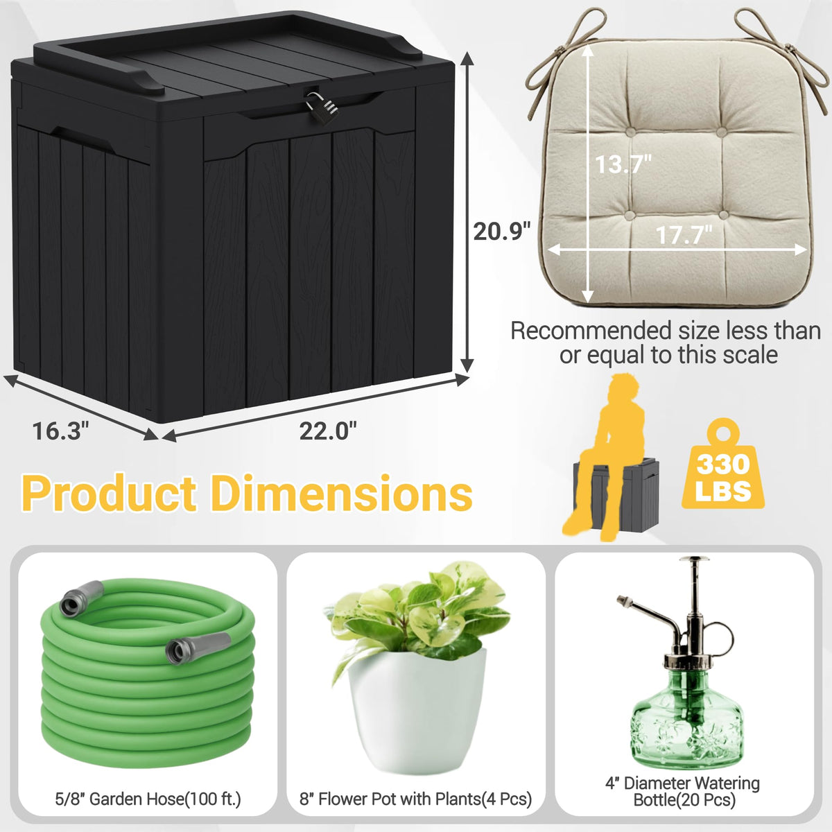Greesum dark black outdoor box blends with modern outdoor furniture.