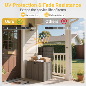 Greesum deck box with hydraulic brackets for safe opening and closing.