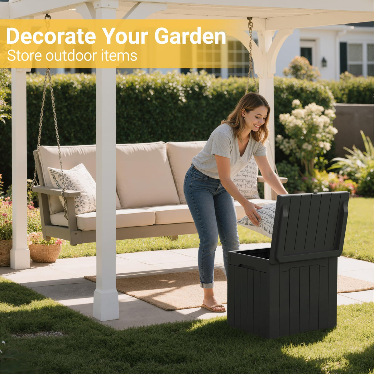 Greesum deck box waterproof and UV resistant protects garden tools from rain and sun.