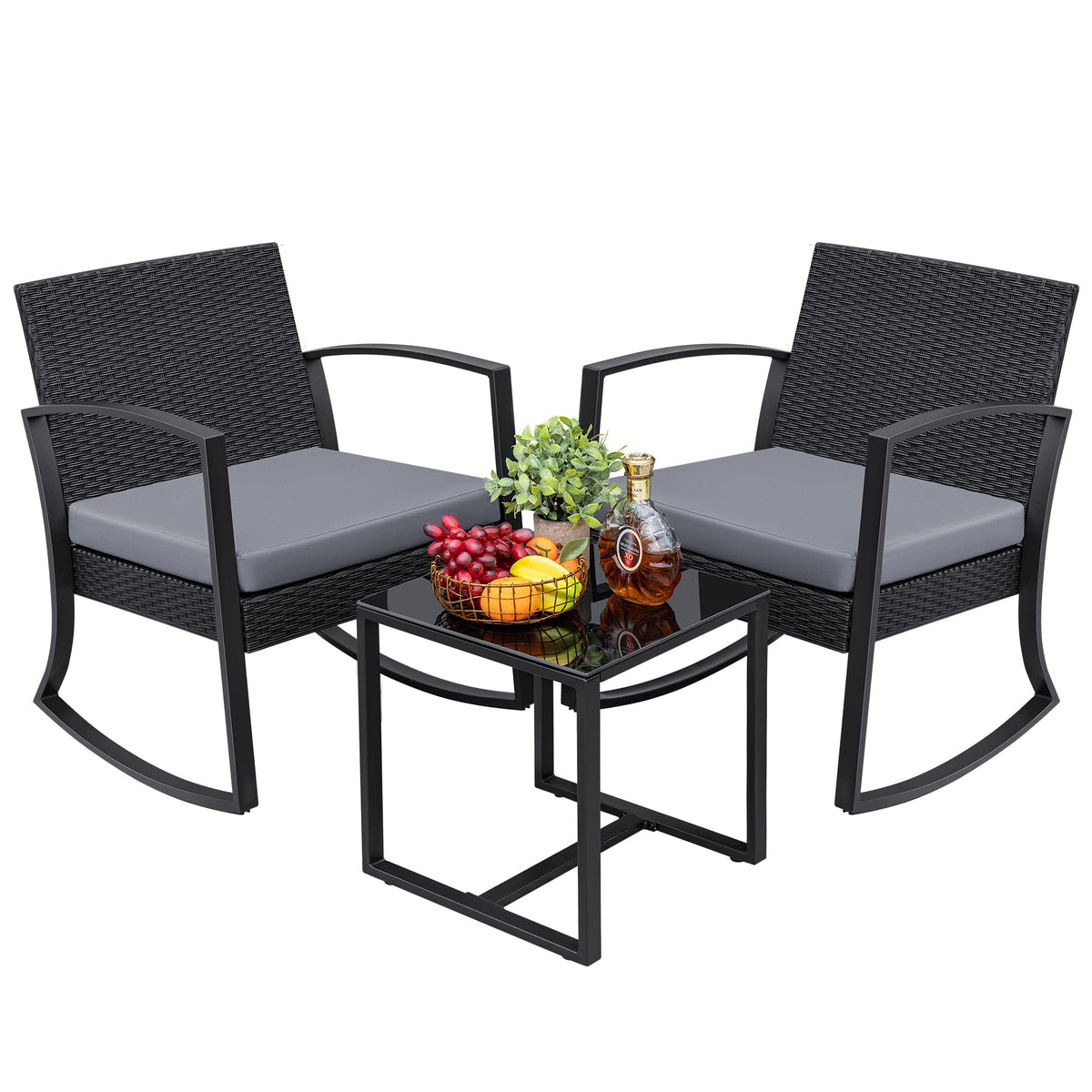 Greesum rocking chairs outdoor lounging in light gray.
