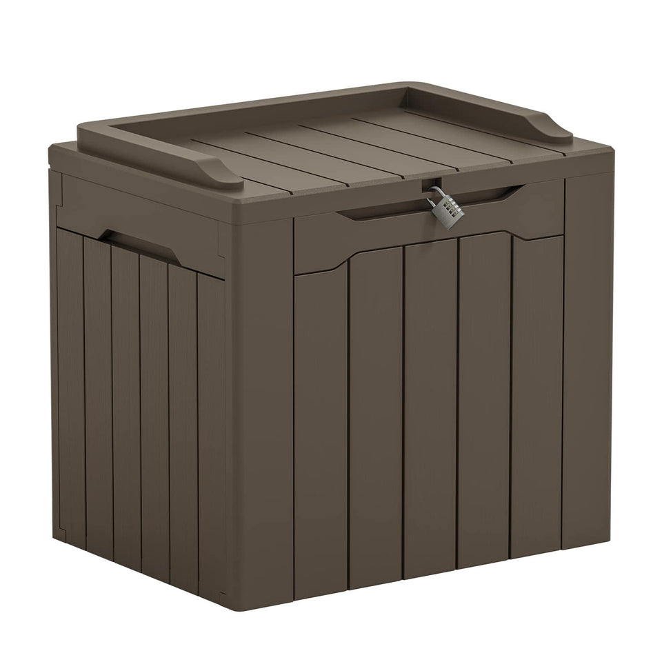 Greesum outdoor storage box 31 gallon with lid, ideal for patio organization.