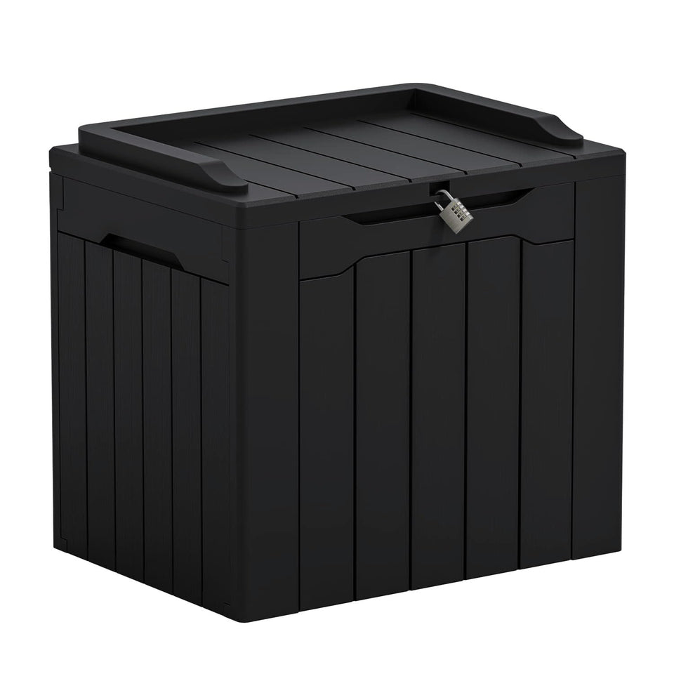 Greesum 31-gallon outdoor storage box with lid keeps patio essentials neatly organized.
