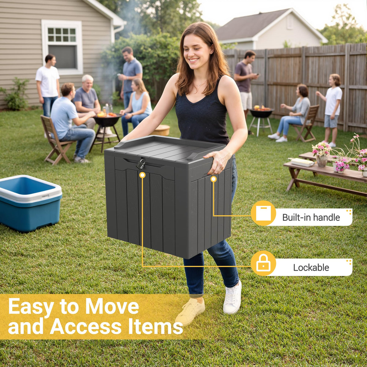 Greesum deck box UV-resistant to protect contents from sun exposure