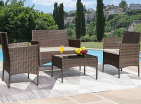 Greesum loveseat with soft cushions provides cozy backyard conversations.