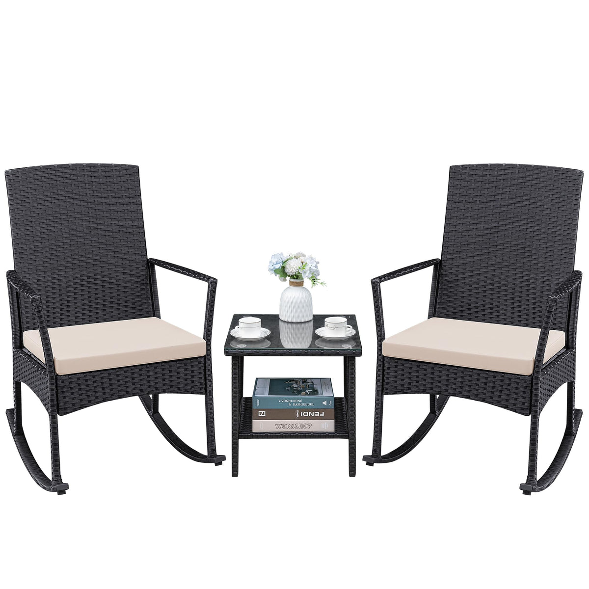 Greesum outdoor wicker rocking chairs set for sunny patios and relaxing moments