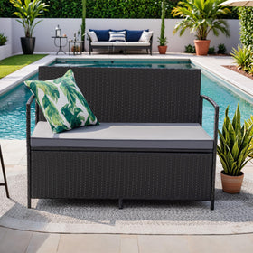 Greesum patio loveseat under-seat storage keeps outdoor items organized.
