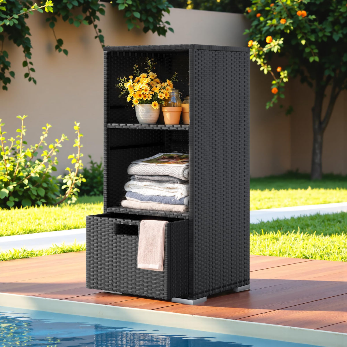 Greesum Rattan Storage Shed showing two shelves for towels and pool toys