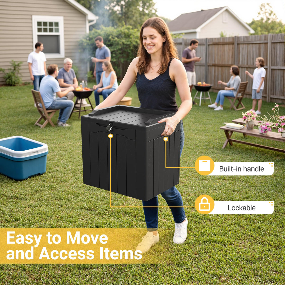Greesum resin storage box doubles as seating, adding versatile outdoor surface.