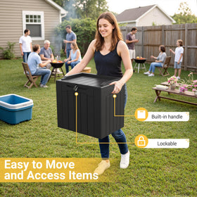 Greesum resin storage box doubles as seating, adding versatile outdoor surface.