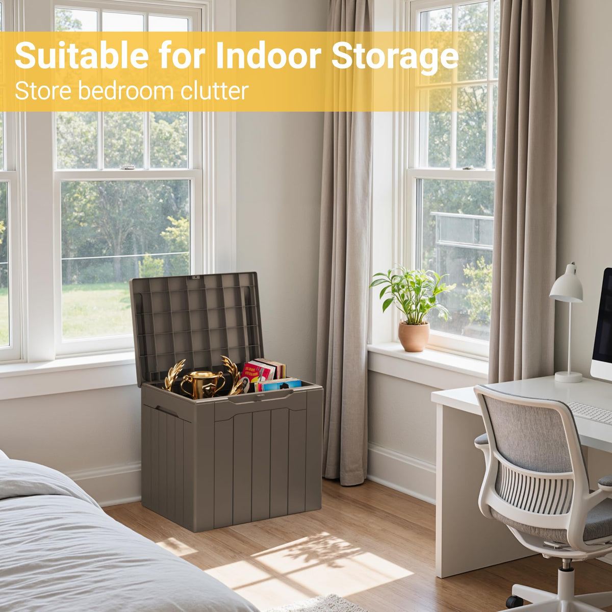 Greesum storage box doubles as seat or table for versatile outdoor use.