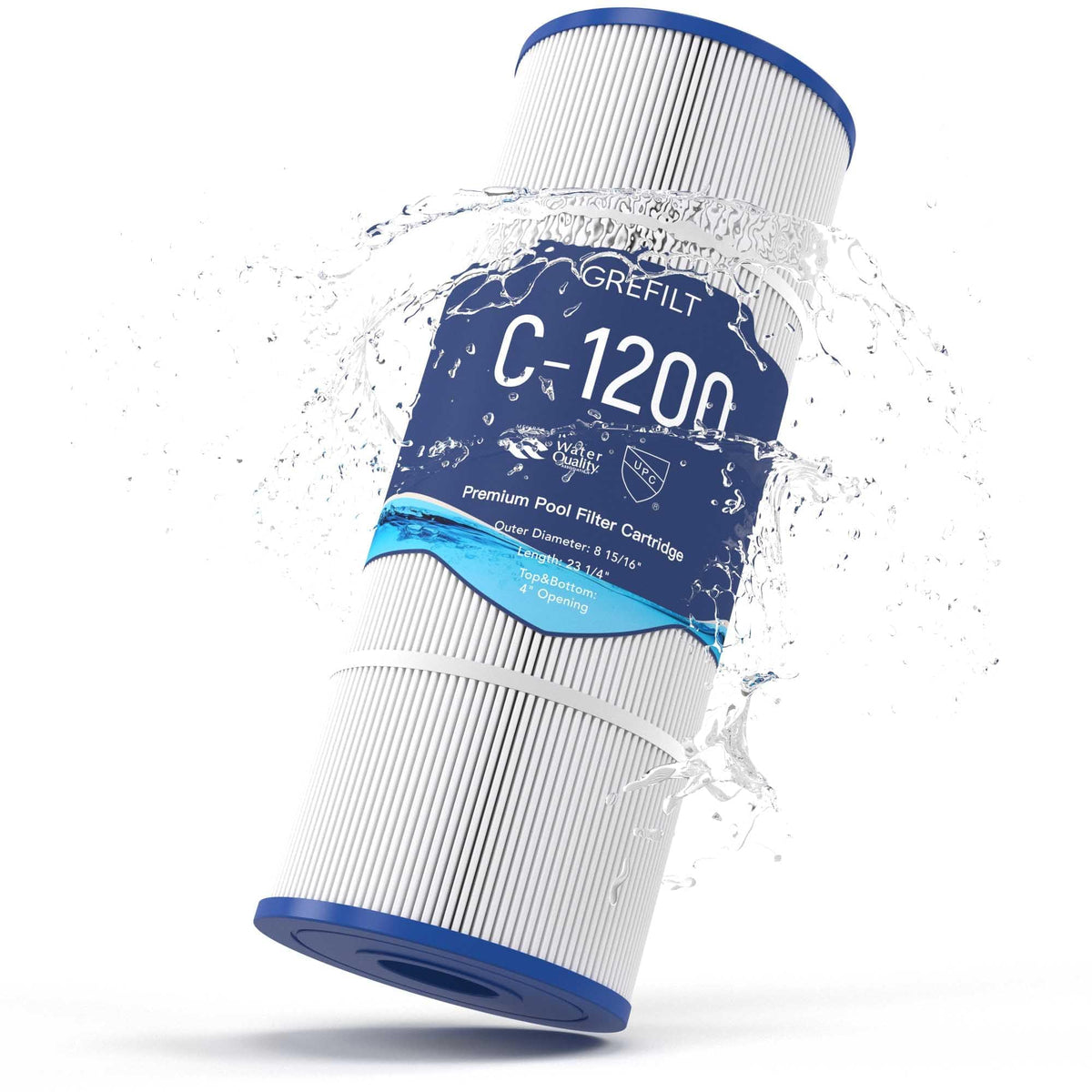 Grefilt C1200 pool filter cartridge shown with compatibility for major models and 120 sq ft filtration.