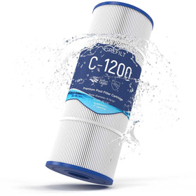 Grefilt C1200 pool filter cartridge shown with compatibility for major models and 120 sq ft filtration.