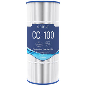 Grefilt CC100 pool filter cartridge close-up, compatible replacement for clear water.