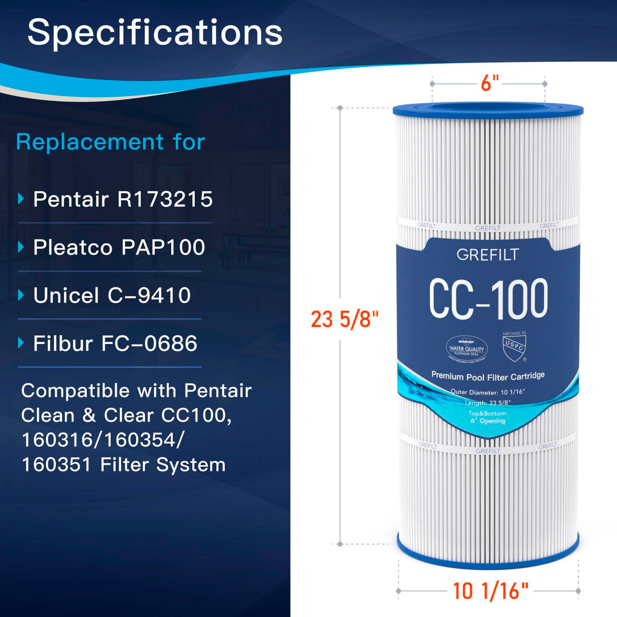 Grefilt CC100 compatible cartridge for Pentair CCRP100, easy pool maintenance.