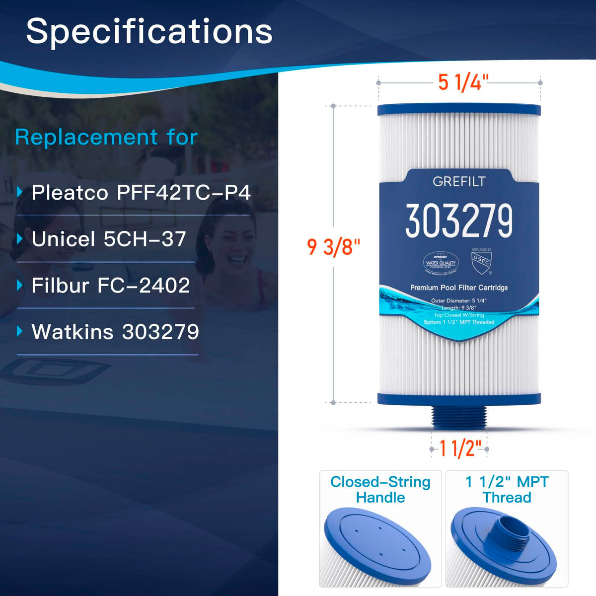 Grefilt spa filter shows 42 sq ft filtration area for stronger water flow.