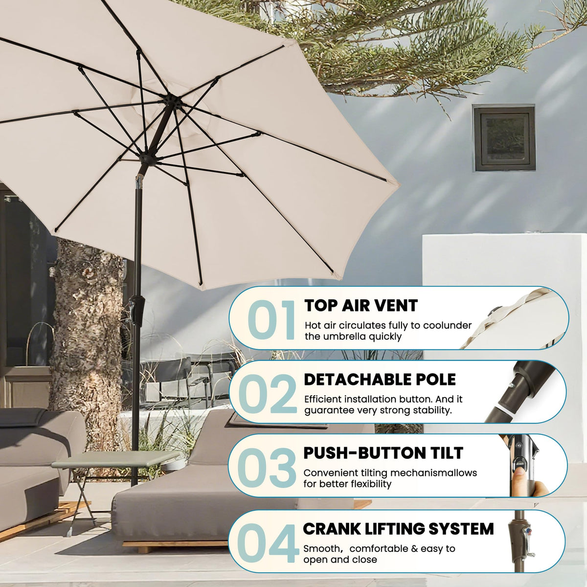 GREFORG beige umbrella shaded poolside setups for relaxed outdoor moments.