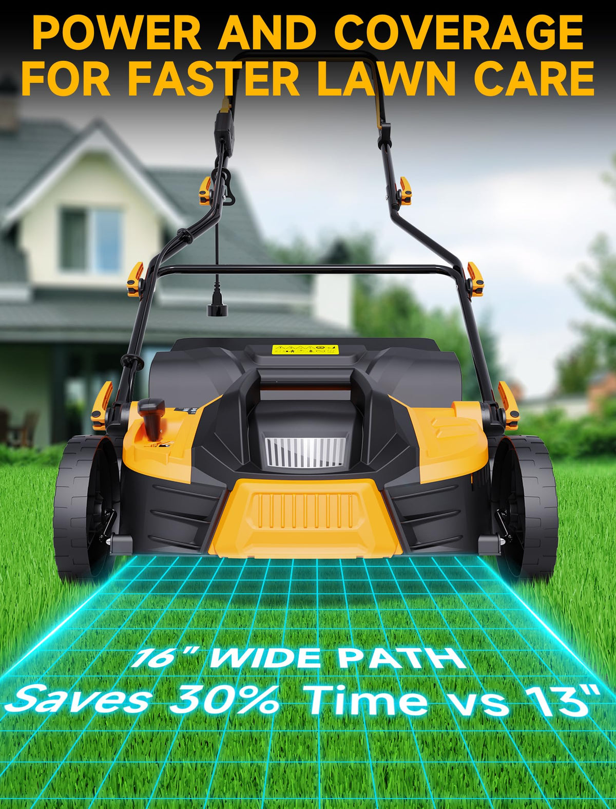 Grelawner dethatcher with foldable handle enables compact storage after mowing tasks.