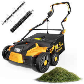 Grelawner dethatcher front view shows a powerful motor for robust lawn care.
