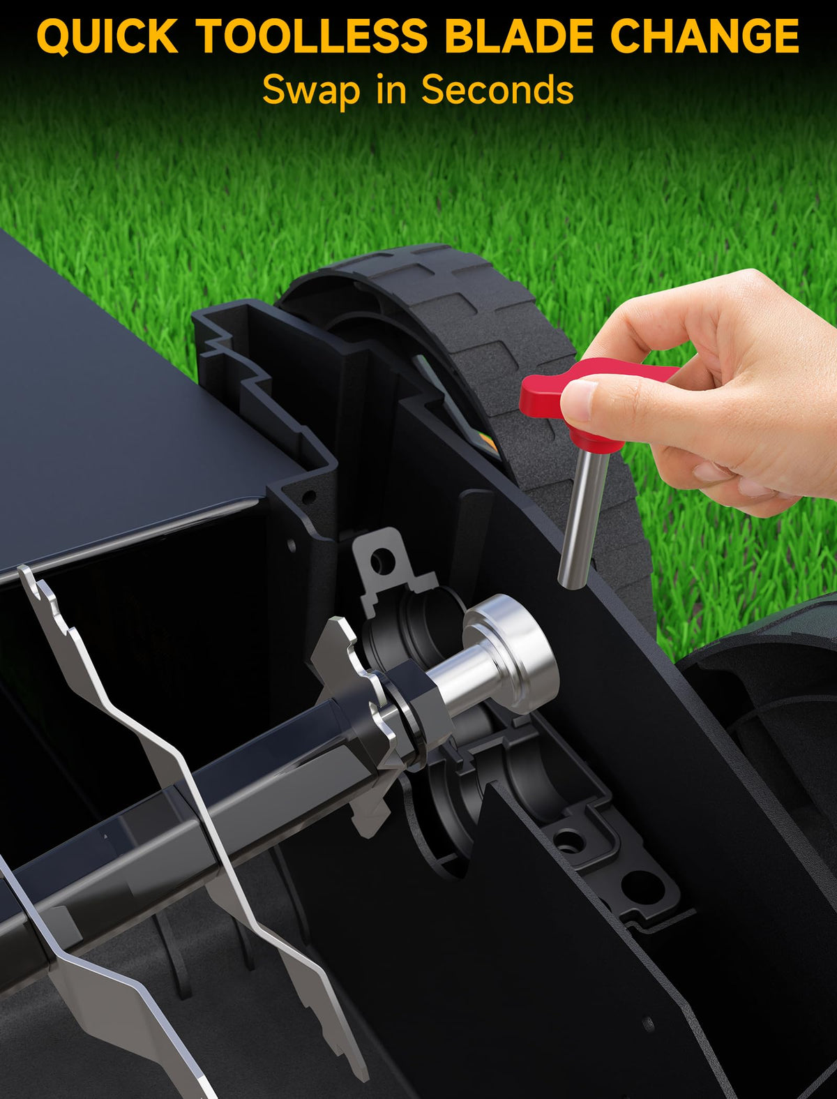 Grelawner quick-release blades allow fast, tool-free blade changes.