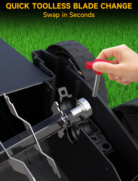 Grelawner quick-release blades allow fast, tool-free blade changes.