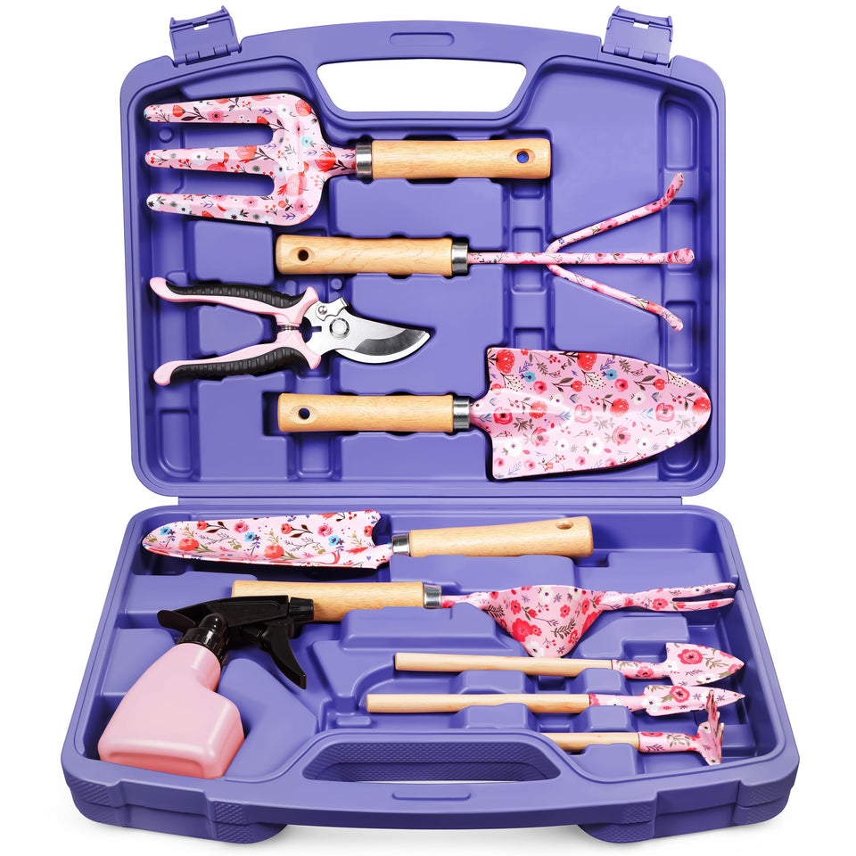 Grenebo 12-piece garden tools set with purple case for easy storage and transport.