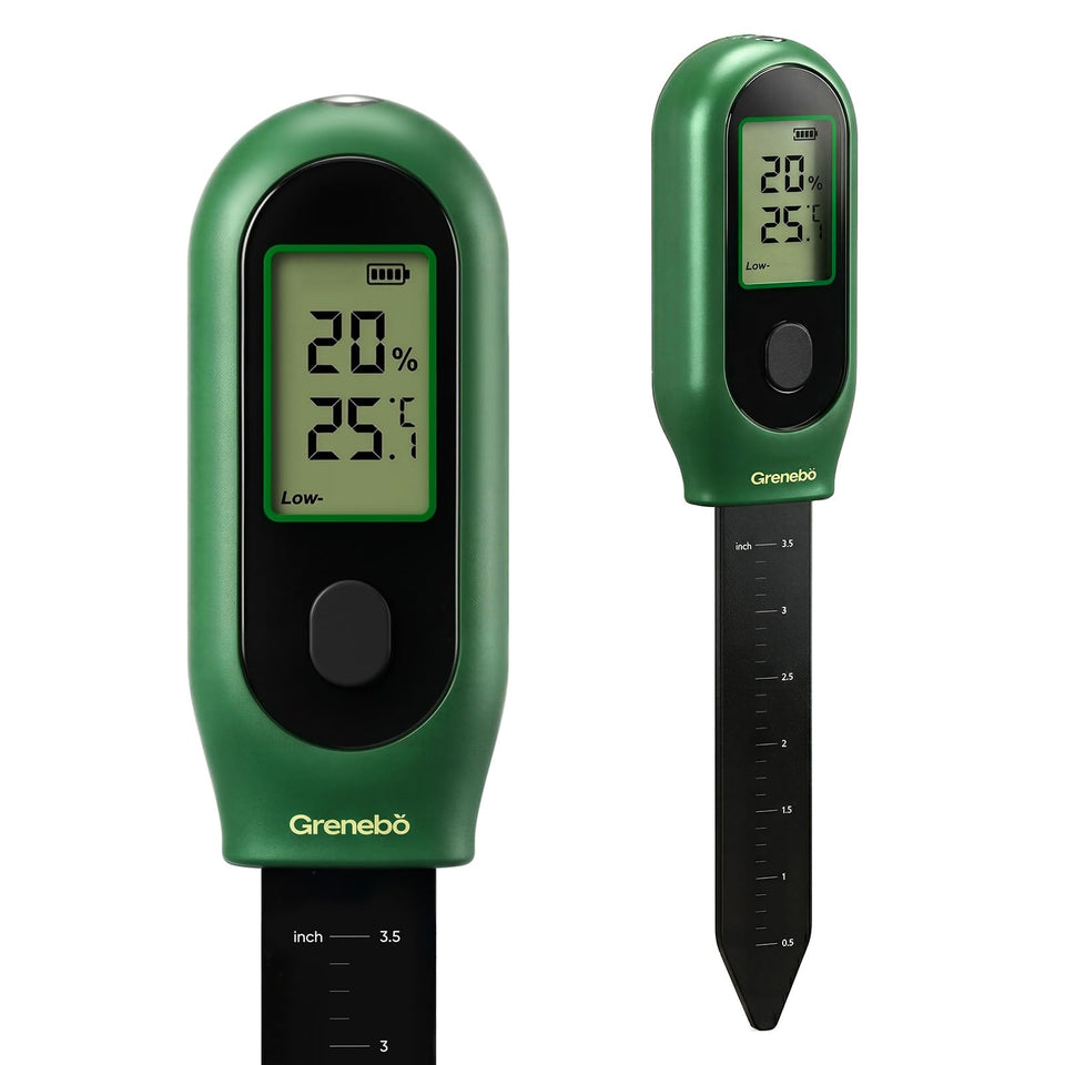 Grenebo 3-in-1 soil meter front view with clear LCD for quick readings.