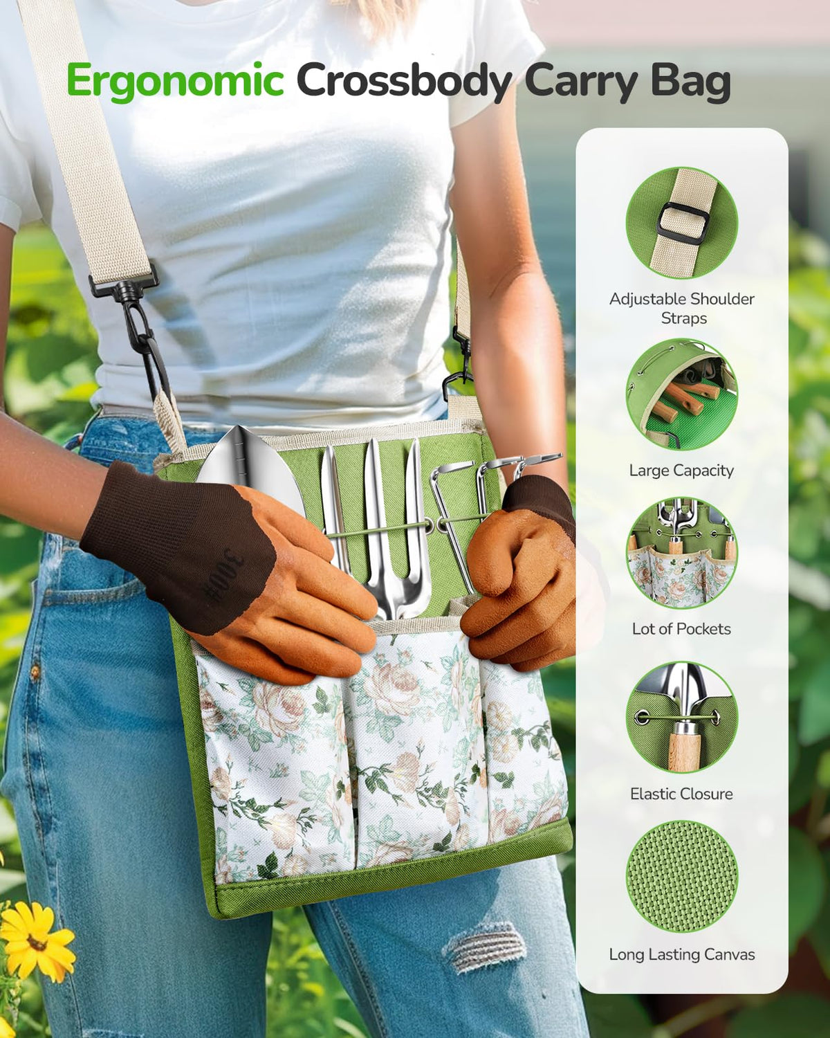 Sturdy crossbody bag with three external pockets for tool organization
