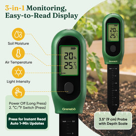 Grenebo digital LCD close-up highlighting instant moisture, temperature, and light updates.