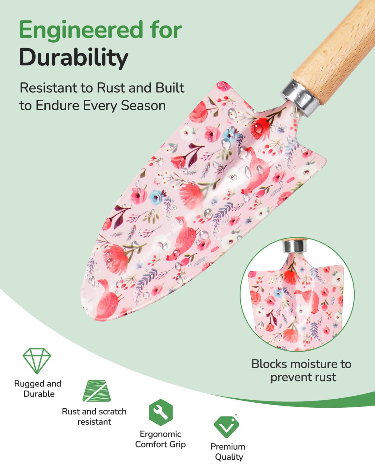 Grenebo ergonomic wooden handles reduce hand fatigue for comfortable digging and pruning.