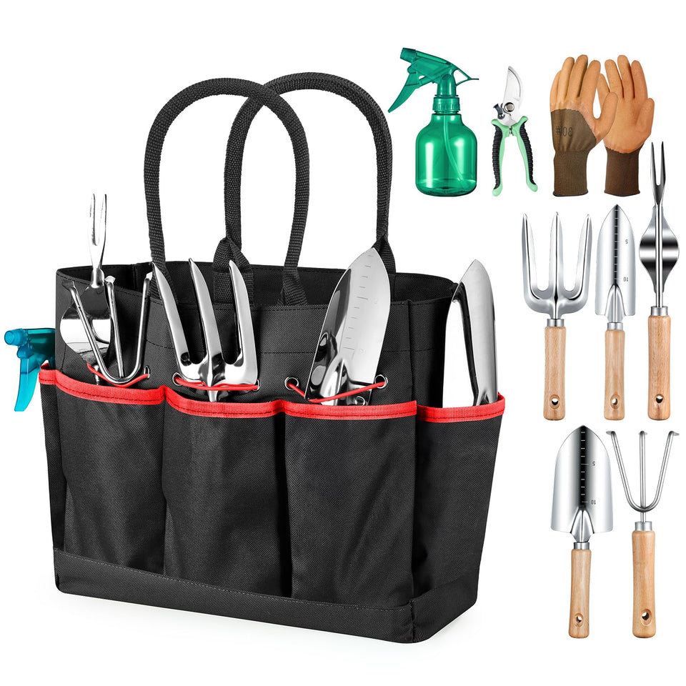 Grenebo 9-piece garden set with organized tote and rust-resistant steel for durability.