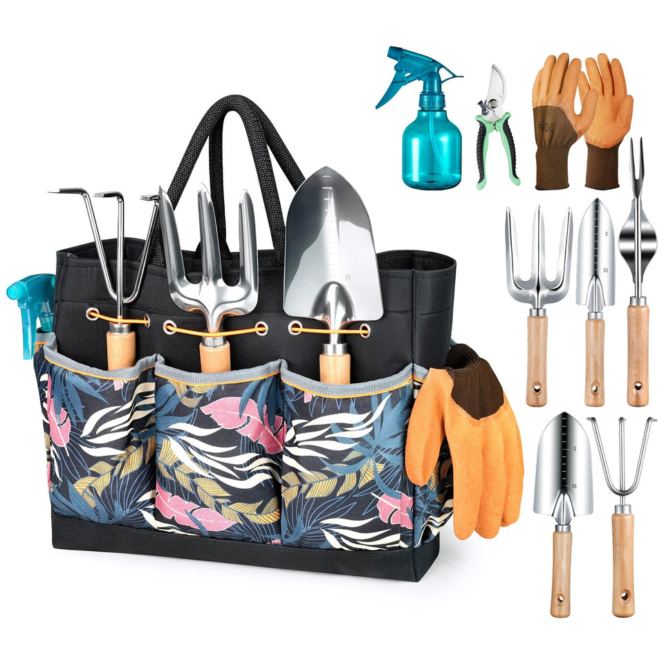 Grenebo 9-piece garden tool set with rust-proof stainless steel for durable outdoor work.