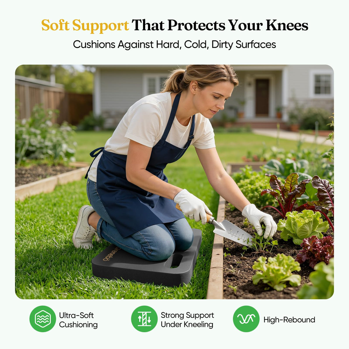 Grenebo kneeling pad on grass demonstrating stable grip during gardening