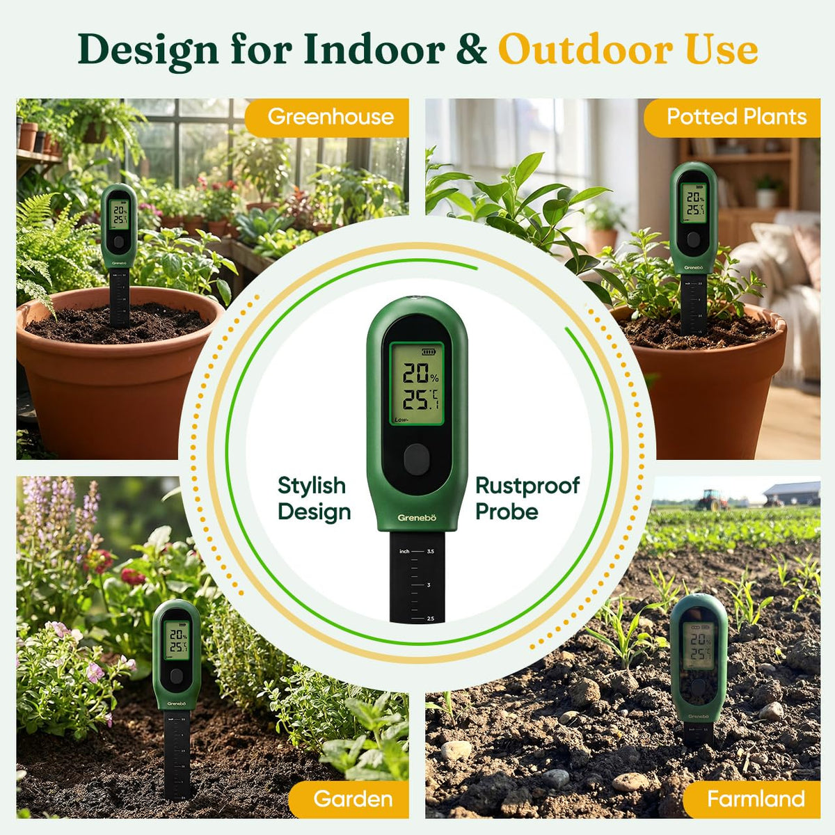 Grenebo outdoor garden application showing soil and sunlight monitoring.