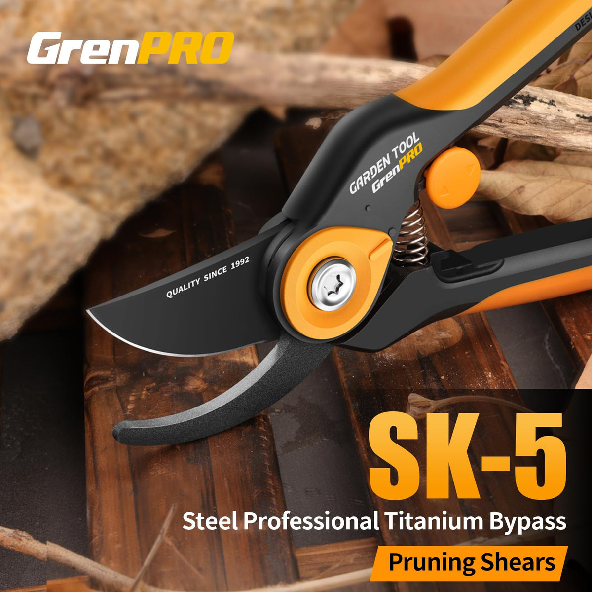 Close-up of GrenPRO blade showing sharp SK5 titanium-coated edge and rust resistance.