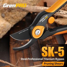 Close-up of GrenPRO blade showing sharp SK5 titanium-coated edge and rust resistance.