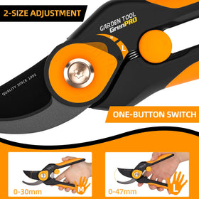 GrenPRO pruning shears shown trimming hedges with precise cuts.