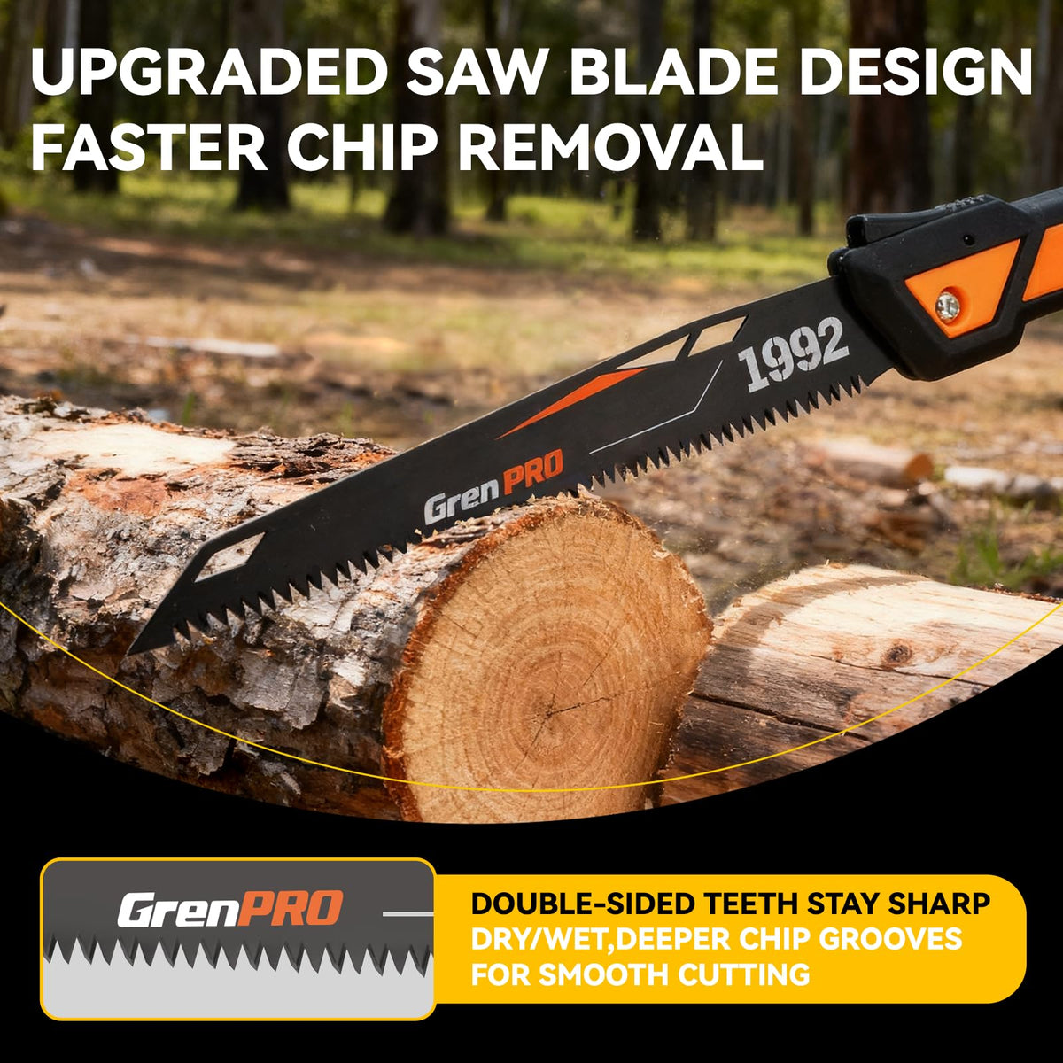 GRENPRO pruning saw with triple-ground 7TPI teeth for fast, clean cuts.