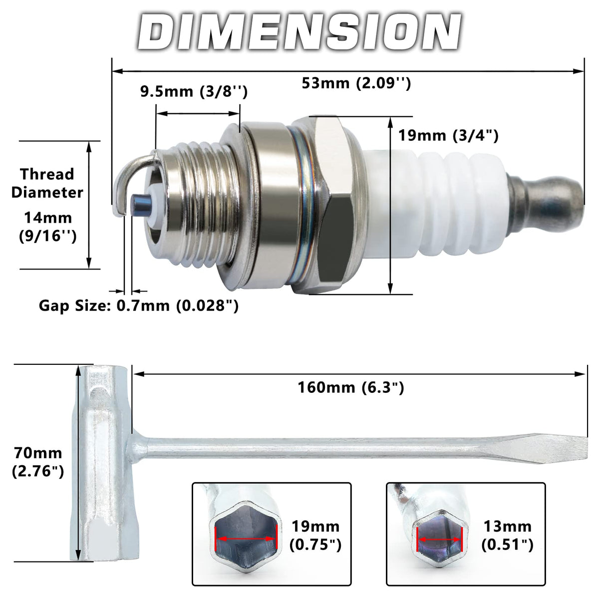 GREPSPUD 14mm thread and 19mm hex visual for fit guidance