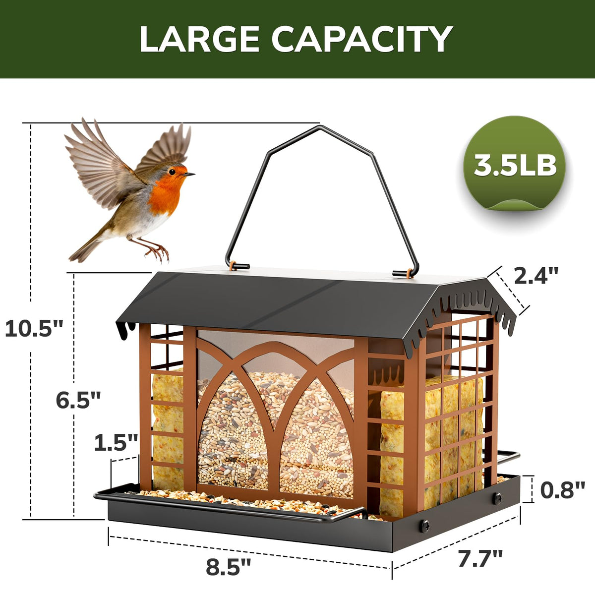 Grete Gotye bird feeder offers 360-degree feeding access for diverse yard visitors.