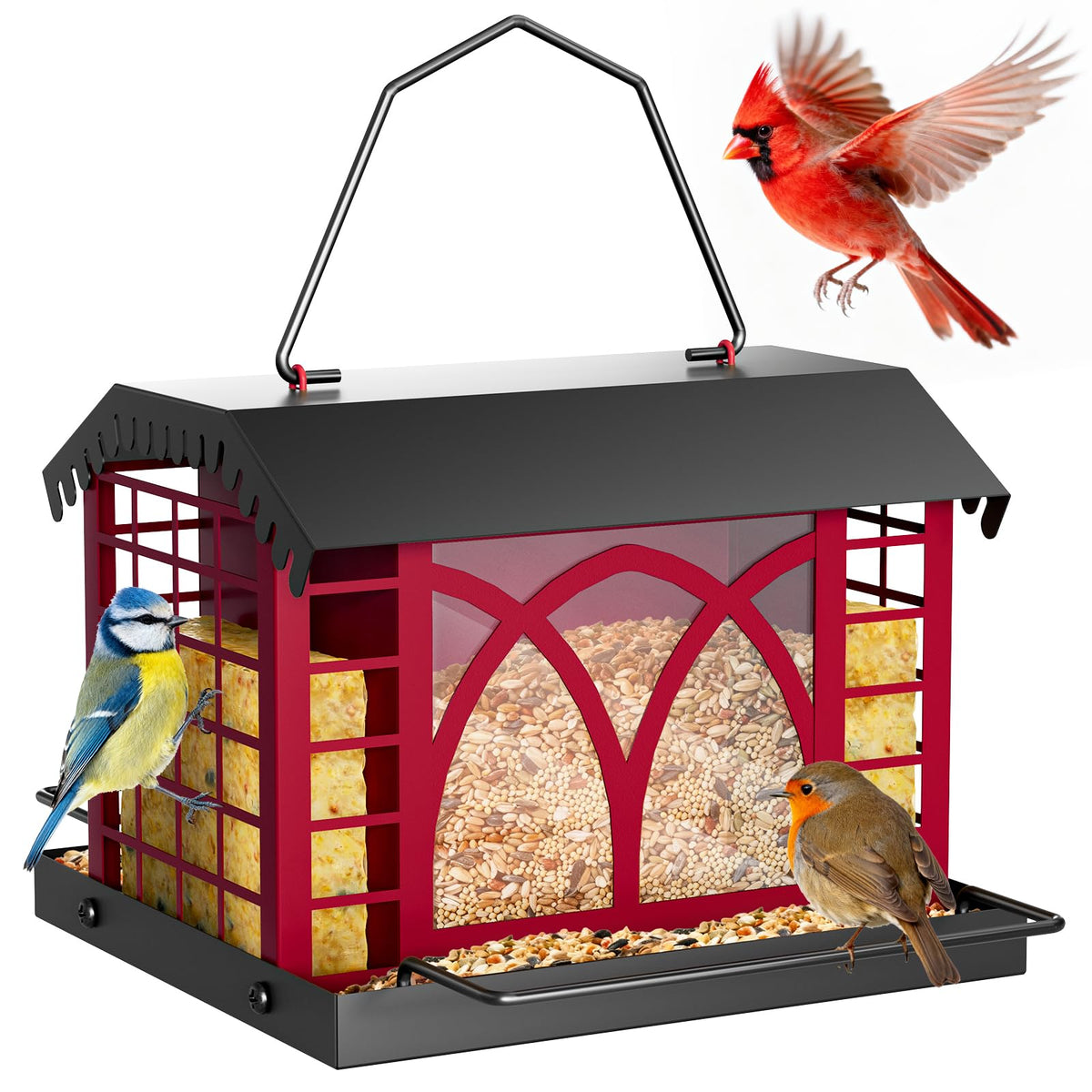 Grete Gotye berry-red bird feeder with weatherproof roof attracting finches and cardinals