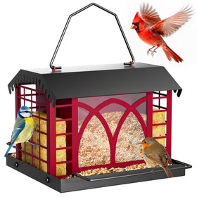 Grete Gotye berry-red bird feeder with weatherproof roof attracting finches and cardinals