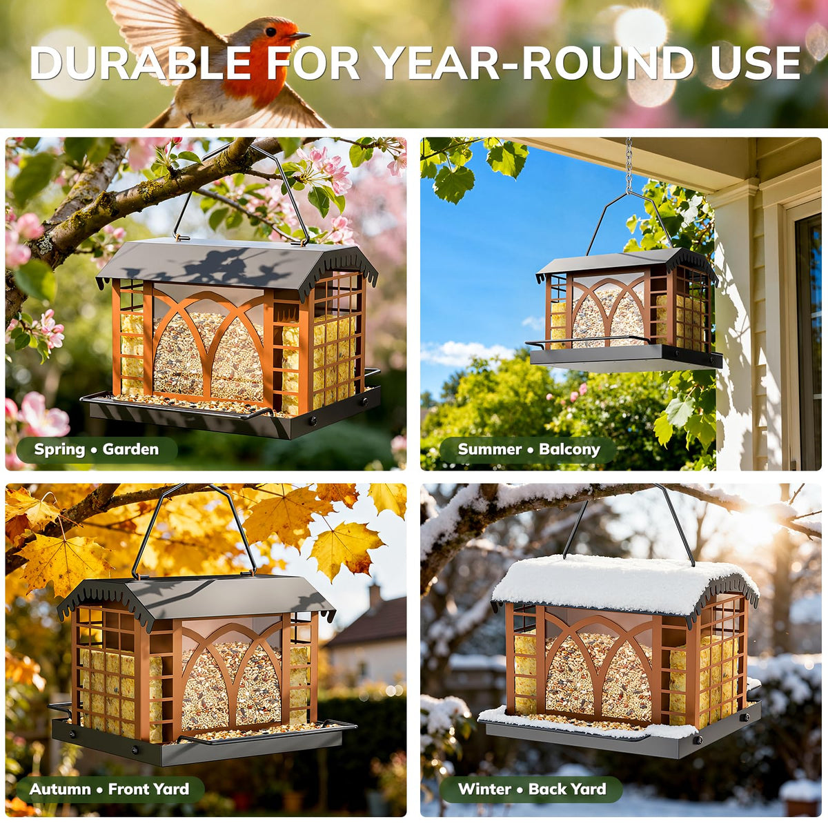 Grete Gotye bird feeder clear-seed-compartment makes monitoring levels easy.